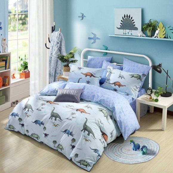Dinosaur Print Animal Themed Shabby Chic Twin, Full, Queen Size Bedding Sets in Light Blue Brown and Gray for Kids
