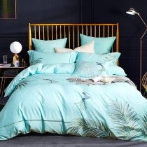 Tiffany Blue and Green Botanical and Butterfly Print Luxury Embroidered Tropical Hawaiian Full, Queen Size Bedding Sets