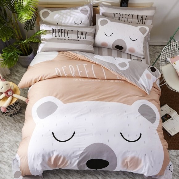 Champagne White and Gray Bear and Monogrammed Print Abstract Animal Themed Kids Twin, Full Size Bedding Sets