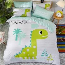 Mint Green Yellow and Off-white Dinosaur and Palm Tree Print Abstract Animal Themed Kids Twin, Full Size Bedding Sets