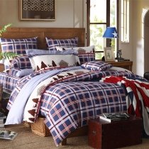 Navy Blue White and Red Christmas Deer Tree and Country Plaid Print Holiday Style Full, Queen Size Bedding Sets