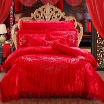 Sparkle Solid Red Victorian Rose Print Ruffle and Lace Tassel Shabby Chic Elegant Full, Queen Size Bedding Sets