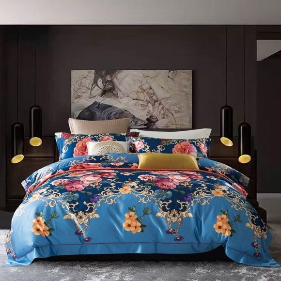 Fancy Royal Blue Gold Red Pink and Sky Blue Garden Flower and Scroll Print Vintage Shabby Chic Full, Queen Size Bedding Sets