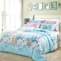 Pastel Tiffany Blue Green White and Pink Butterfly and Garden Flower Print Botanical Bright Colorful Full, Queen Size Bedding Sets