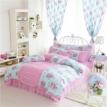 Light Blue Blush Green and Hot Pink Floral Print French Country Shabby Chic Pintuck Ruffle Elegant Girls Twin, Full, Queen Size Bedding Sets