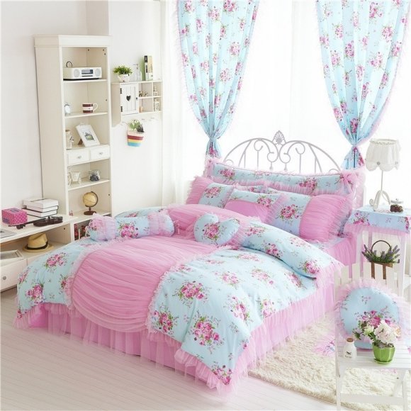 Light Blue Blush Green and Hot Pink Floral Print French Country Shabby Chic Pintuck Ruffle Elegant Girls Twin, Full, Queen Size Bedding Sets