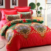 Bohemian Coral Red Yellow and Teal Green Unique Baroque Style Tribal Print Full, Queen Size Adults Cotton Bedding Sets
