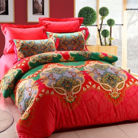 Bohemian Coral Red Yellow and Teal Green Unique Baroque Style Tribal Print Full, Queen Size Adults Cotton Bedding Sets