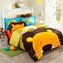 Chocolate Brown Yellow and Lime Cute Forest Animal Lion King with Smiley Face Print Twin, Full Size Kids Boys Girls Cotton Bedding Sets