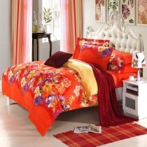 Affordable Flame Orange Purple and Yellow Bright Colorful Garden Floral Peony Print Adults Full, Queen Size Luxury Cotton Bedding Sets