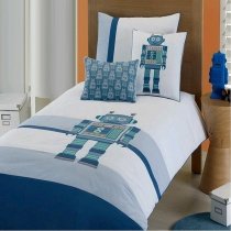 Hipster Teal Blue Green and White Personalized Robot Print Teen Boys Girls Twin, Full Size Luxury Eco-friendly Cotton Bedding Sets