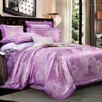 Shiny Amethyst Purple and Silver Antique Rose and Western Paisley Print Vintage Shabby Chic Full, Queen Size Jacquard Satin Bedding Sets