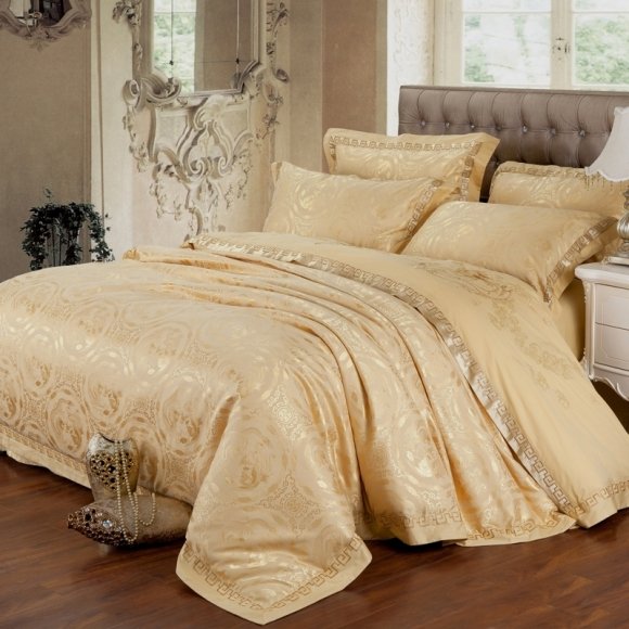 Trendy Royal Gold Indian Pattern Bohemian Style Embroidered Design Noble Excellence Jacquard Satin Full, Queen Size Bedding Sets