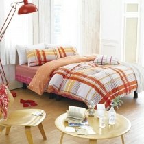 Stylish Burnt Orange White Yellow and Khaki Rustic Madras Plaid Print Masculine Soft 100% Cotton Full, Queen Size Bedding Sets