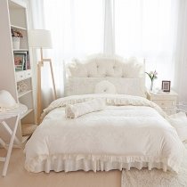 Vintage Beige Bohemian Baroque Style Tribal Print Ruffle Victorian Lace Feminine Jacquard Satin Twin, Full, Queen Size Bedding Sets