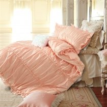 Sophisticated Elegant Solid Coral Orange Romantic Shabby Chic Ruffle Feminine Seersucker Cotton Twin, Full, Queen Size Bedding Sets