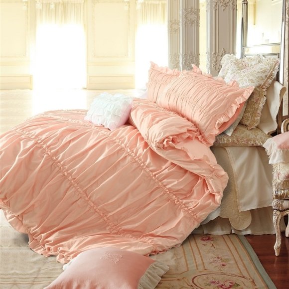 Sophisticated Elegant Solid Coral Orange Romantic Shabby Chic Ruffle Feminine Seersucker Cotton Twin, Full, Queen Size Bedding Sets