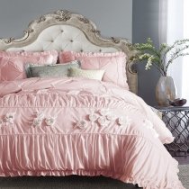 Noble Excellence Blush Pink Applique Rose Pattern Pintuck Ruffle Sophisticated Elegant Girly Girls Full, Queen Size Bedding Sets