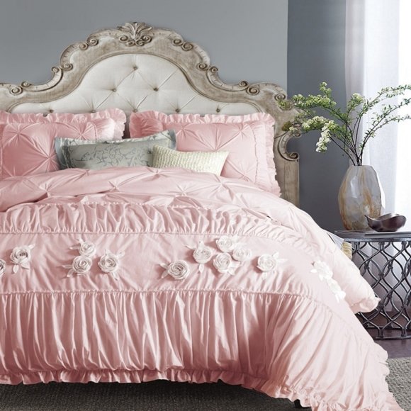 Noble Excellence Blush Pink Applique Rose Pattern Pintuck Ruffle Sophisticated Elegant Girly Girls Full, Queen Size Bedding Sets