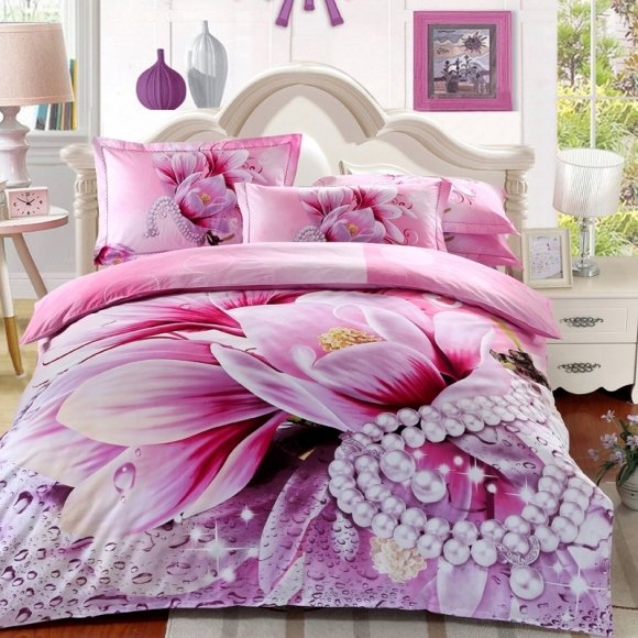 Sparkle Pastel Lavender Purple Pink and White Peach Blossom Print Modern Chic Girly Girls Full, Queen Size Bedding Sets