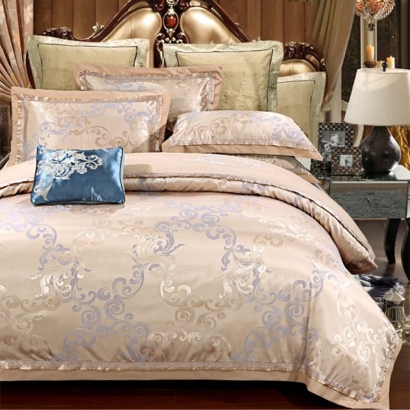 Champagne Gold and Gray Moroccan Pattern Embroidered Sequin Luxury Jacquard Satin Full, Queen Size Bedding Sets