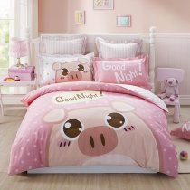 Pink Cream and White Pig Print Cute Style Cartoon Themed Girls Twin, Full Size Bedding Sets