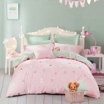 Hipster Pretty Rabbit Print Star, Heart and Cake Pattern Cute Girly Twin, Full, Queen Size Bedding Sets in Pink White and Mint Green