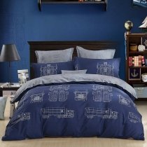 Truck and Robot Print Vintage Shabby Chic Preppy Style Twin, Full, Queen Size Bedding Sets in Deep Blue and Gray