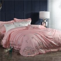 Bohemian Shabby Chic Blush Pink Embroidered Rosette Folklore Floral Pattern Luxury Villa Elegant Satin Full, Queen Size Bedding Sets