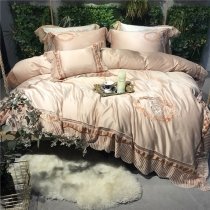 Champagne and Gold Embroidered Medallion Vintage Victorian Lace Scalloped Luxury Villa Romantic Feminine Full, Queen Size Bedding Sets