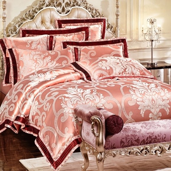 Fancy Puce Gold and Brown Indian Gothic Pattern Western Style Glitter Jacquard Satin Full, Queen Size Bedding Sets