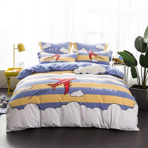 Navy Blue White Yellow and Red Rugby Stripe Cloud and Vintage Airplane Print Kids Boys World Travel Full, Queen Size Bedding Sets