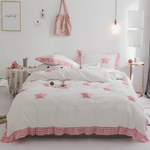 Hipster Dusty Rose Pink and White Star and Gingham Plaid Print Simply Shabby Chic Girls Twin, Full, Queen Size Bedding Sets