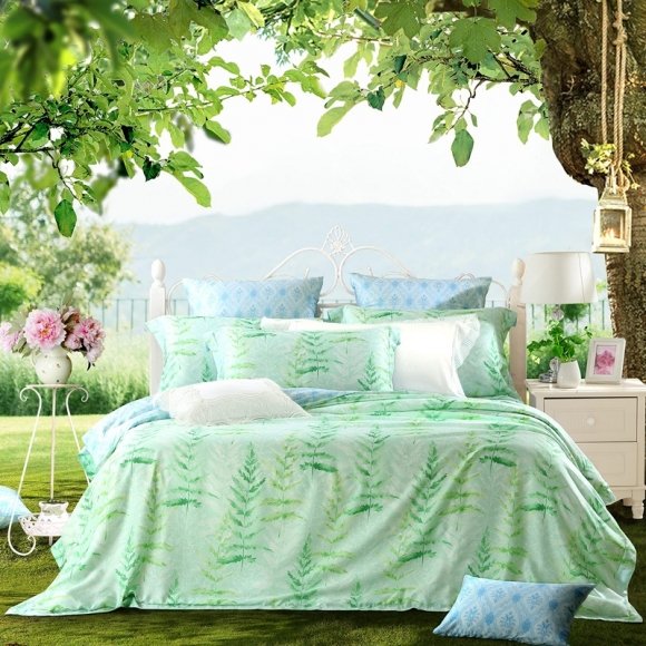 Elegant Emerald Green Yellow and Beige Botanical Print Tropical Hawaiian Tencel Full, Queen Size Bedding Sets