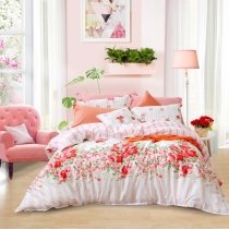 Red Green and White Beautiful Flower Print Country Chic Elegant Full, Queen Size Bedding Sets