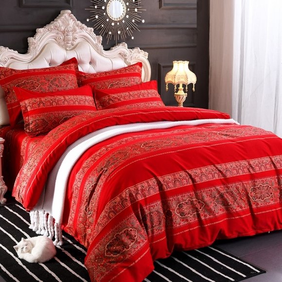 Bohemian Style Red White and Green Tribal and Stripe Print Vintage Shabby Chic Full, Queen Size Bedding Sets