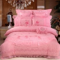 Solid Blush Pink Flower Print Romantic Shabby Chic Victorian Lace and Ruffle Jacquard Satin Girls Full, Queen Size Bedding Sets