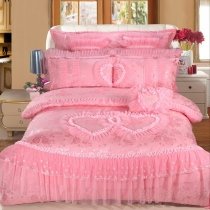 Sequin Pink Peony Flower and Victorian Heart Pattern Romantic Shabby Chic Jacquard Satin Girls Full, Queen Size Bedding Sets