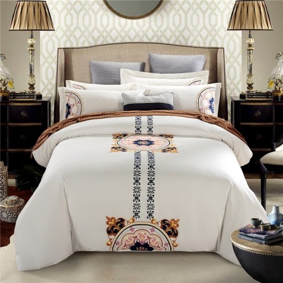 Beige Gold and Blue Medallion Pattern Luxury Unique Royal Style Noble Excellence Full, Queen Size Bedding Sets