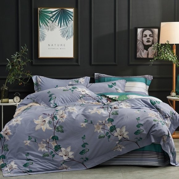 Elegant Silver Gray White and Teal Green Oriental Flower Lily Print Tropical Hawaiian Vintage Shabby Chic Full, Queen Size Bedding Sets