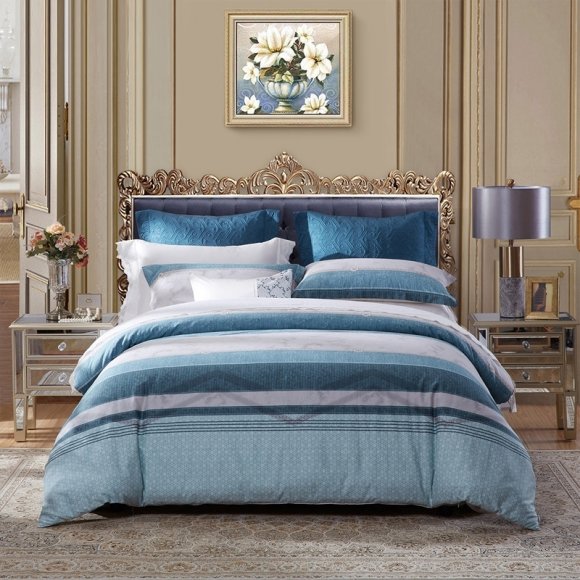 Gray and Blue Striped Masculine Simply Modern Chic Bedding Sets for Adult