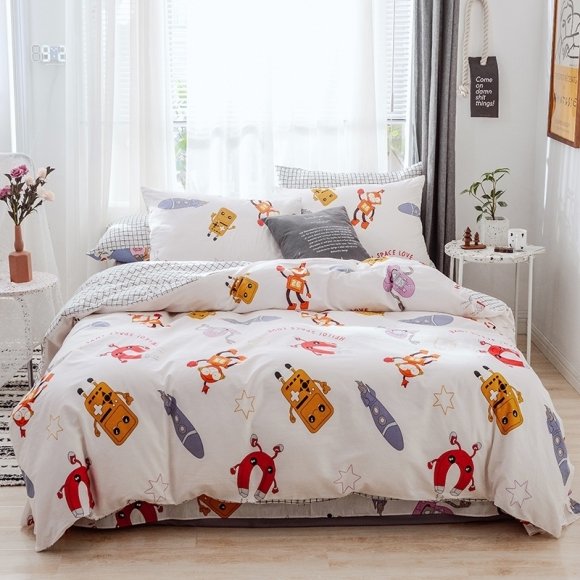 Orange and White Funky Robot Hipster Kids Teens Twin, Full Size Bedding Sets