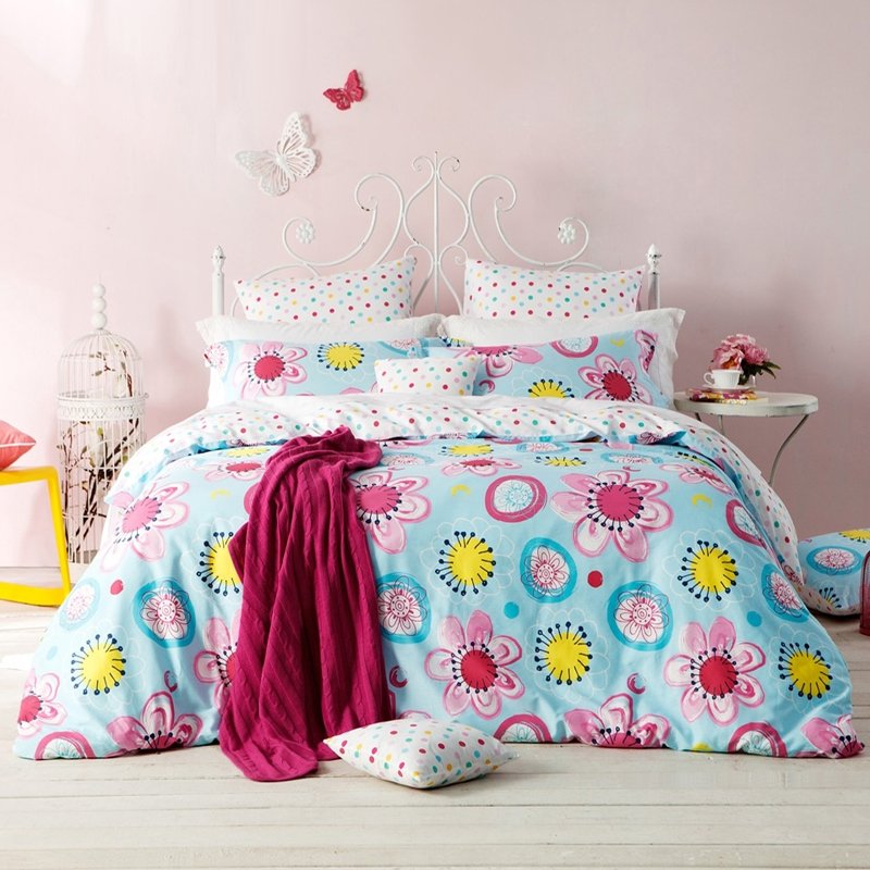 Aqua Yellow and Cherry Red Tropical Flower Print Polka Dot Design