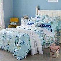 Navy Blue Green and Light Blue Robot Print Funky Style Cartoon Themed Twin, Full, Queen Size Bedding Sets