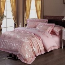 Dusty Pink Vintage Flower Pattern Sequin Embroidered Design Luxury Jacquard Satin Full, Queen Size Bedding Sets