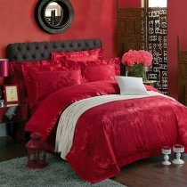 Dark Red Dragon and Phoenix Pattern Chinese Style Asian Inspired Jacquard Satin Full, Queen Size Bedding Sets