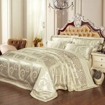 Sparkle Beige Scroll Pattern Boutique Embroidered Design Luxurious Jacquard Satin Full, Queen Size Bedding Sets