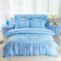Luxury Deep Sky Blue Victorian Heart Pattern Vintage Lace Design Ruffled 100% Polyester Full, Queen Size Bedding Sets