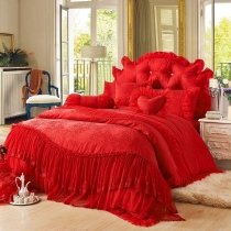 Sophisticated Elegant Scarlet Red Flower Print Gathered Ruffle Feminine Vintage Victorian Lace Jacquard Full, Queen Size Bedding Sets