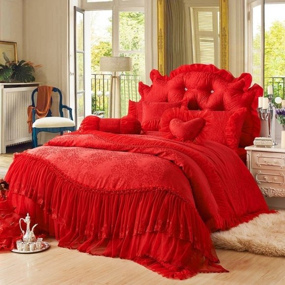 Sophisticated Elegant Scarlet Red Flower Print Gathered Ruffle Feminine Vintage Victorian Lace Jacquard Full, Queen Size Bedding Sets